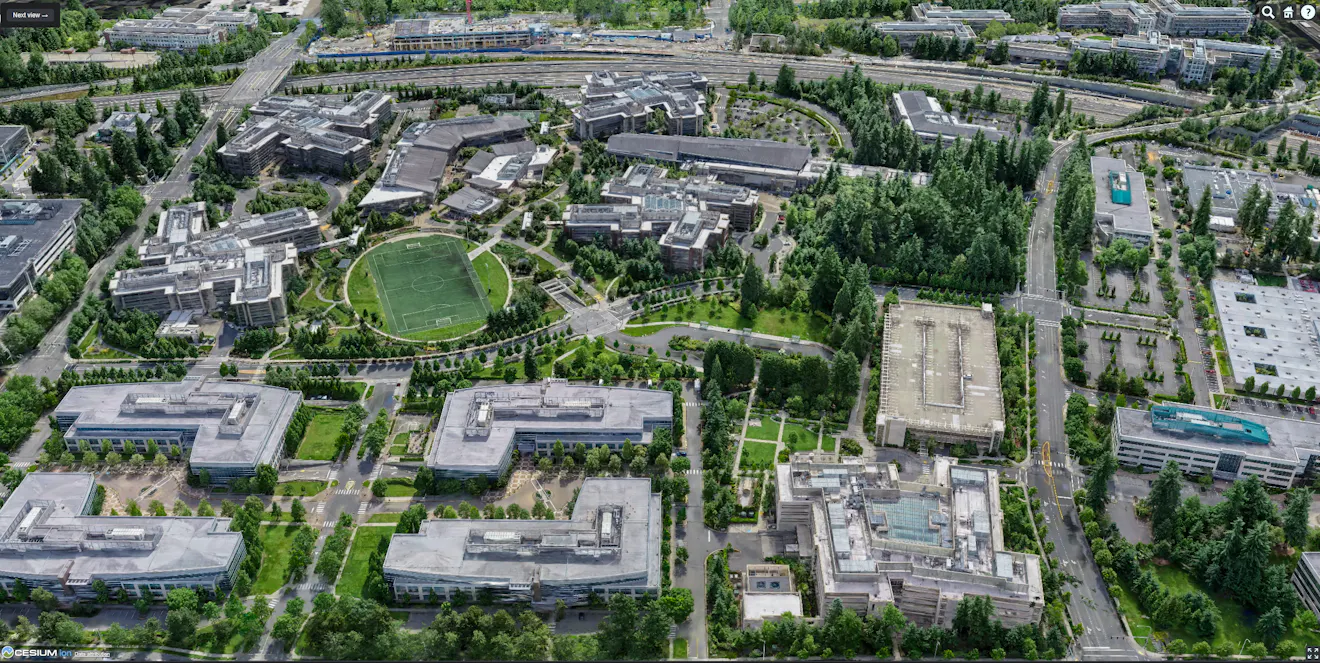 3D Gaussian splat tileset of Microsoft Redmond Campus, as viewed in CesiumJS. Captured in partnership with Bentley Systems. This tileset uses 20,169 photos (427.7 gigapixels, DJI FC6310 camera) and covers an area of about 3.7 sq km, with mean ground sampling distance 3 cm. The reconstruction is 110 million splats.