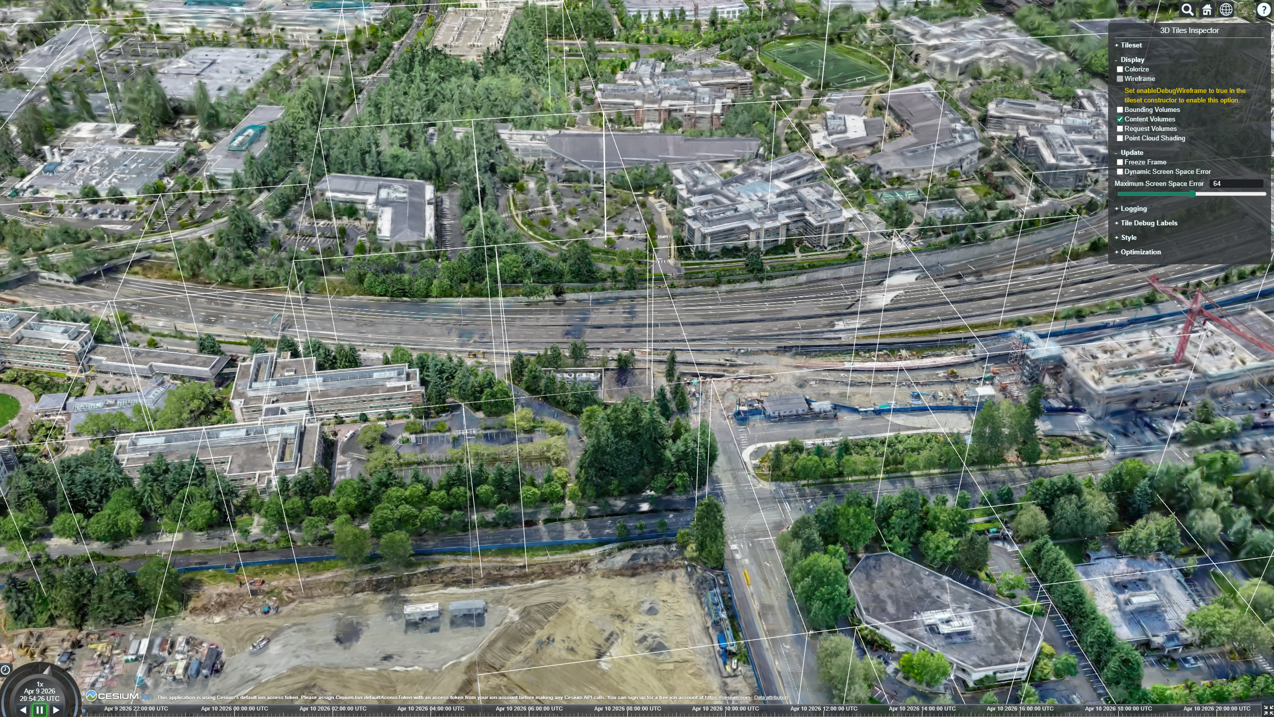 Larger, fewer content volumes indicate later refinement, resulting in lower visual fidelity with coarser tiles at the same camera position.