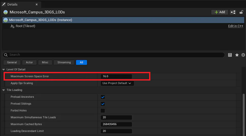The Maximum Screen Space Error setting can be found in the Details pane in your Unreal Editor.