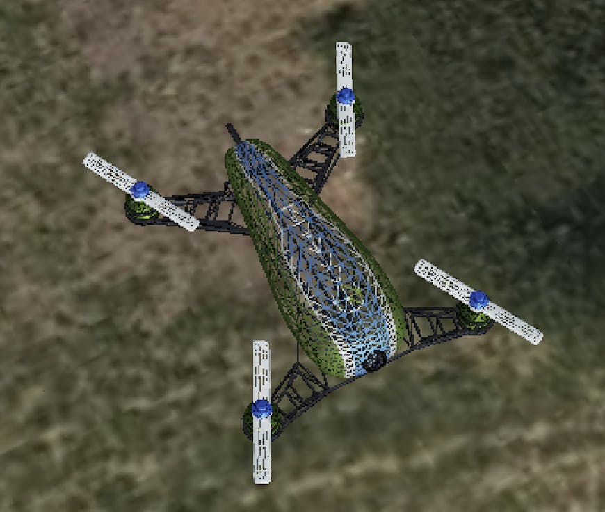 Debug view with wireframe of Cesium drone in CesiumJS