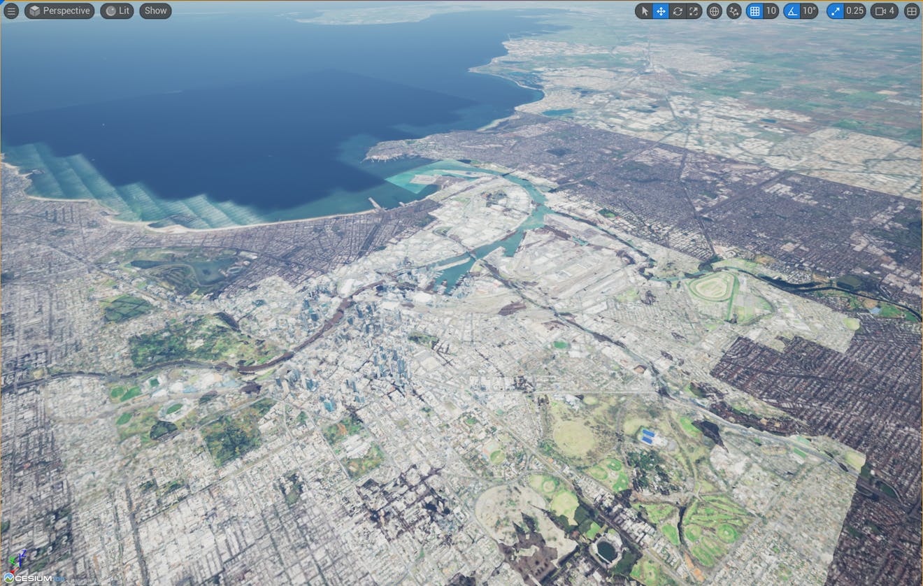 A screenshot showing the viewport after adding Cesium World Terrain alongside the Melbourne tileset.