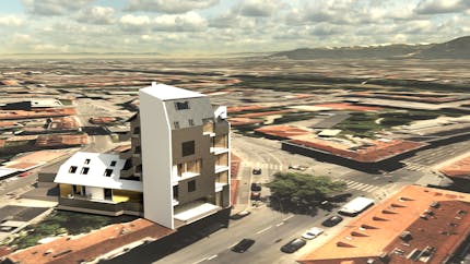 Architectural model exported from Autodesk Revit and georeferenced onto Cesium World Terrain with Bing Maps Aerial imagery.