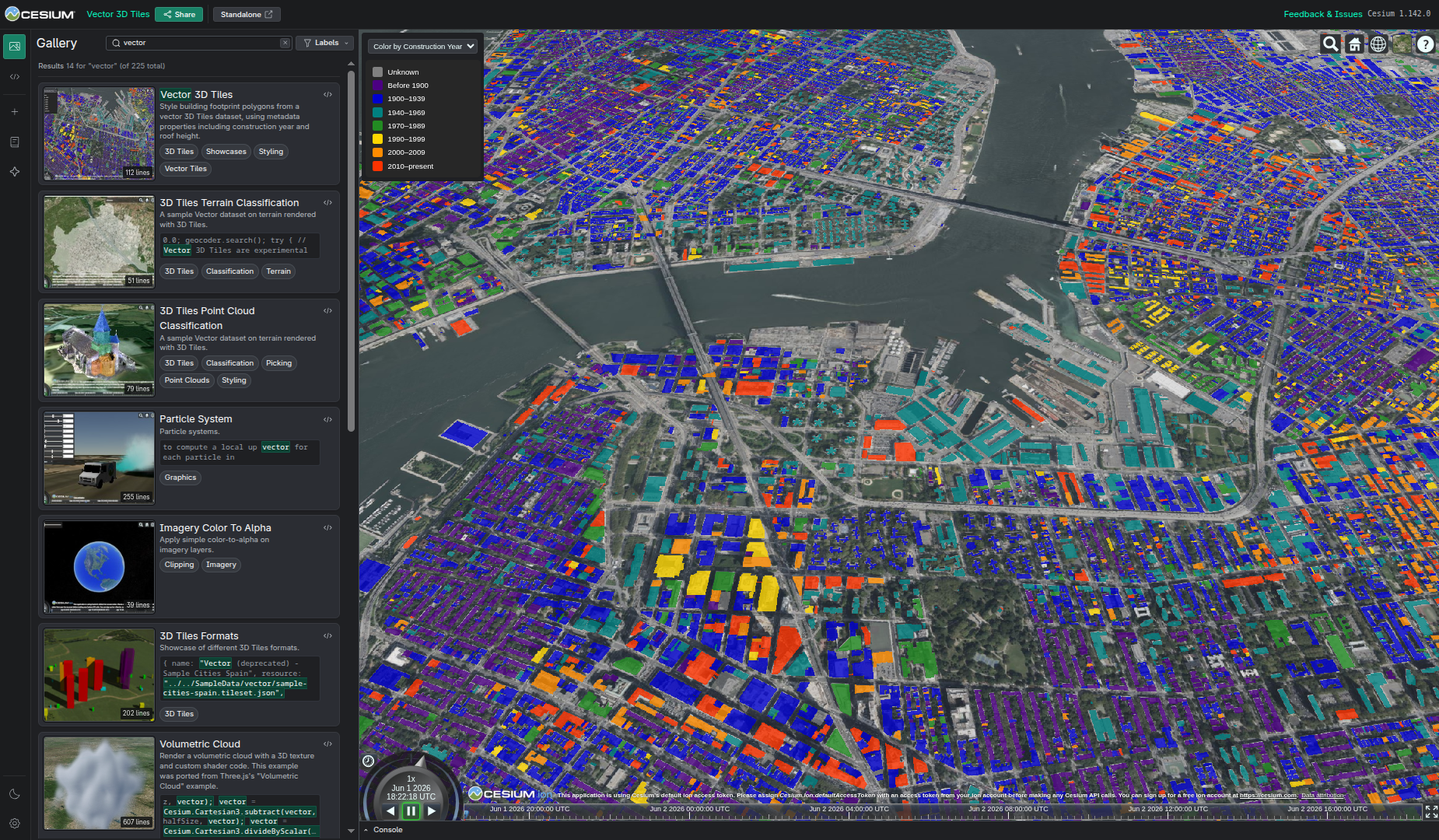 3D vector tiles in CesiumJS visualizing building footprints categorized by construction year in New York City, viewed in Cesium Sandcastle.