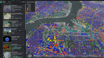 3D vector tiles in CesiumJS visualizing building footprints categorized by construction year in New York City, viewed in Cesium Sandcastle.