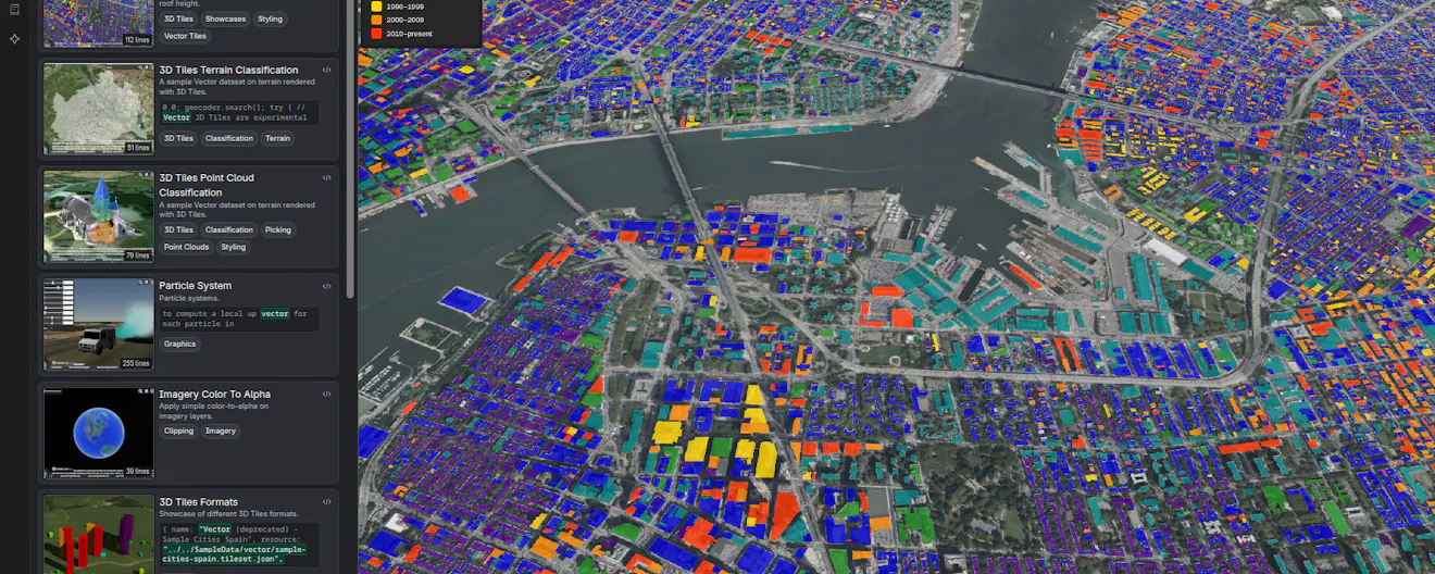 3D vector tiles in CesiumJS visualizing building footprints categorized by construction year in New York City, viewed in Cesium Sandcastle.