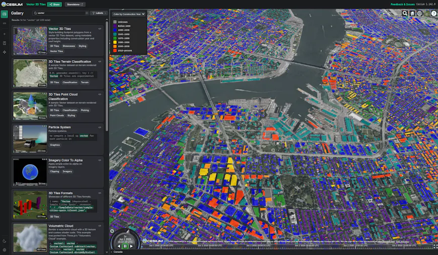 3D vector tiles in CesiumJS visualizing building footprints categorized by construction year in New York City, viewed in Cesium Sandcastle.