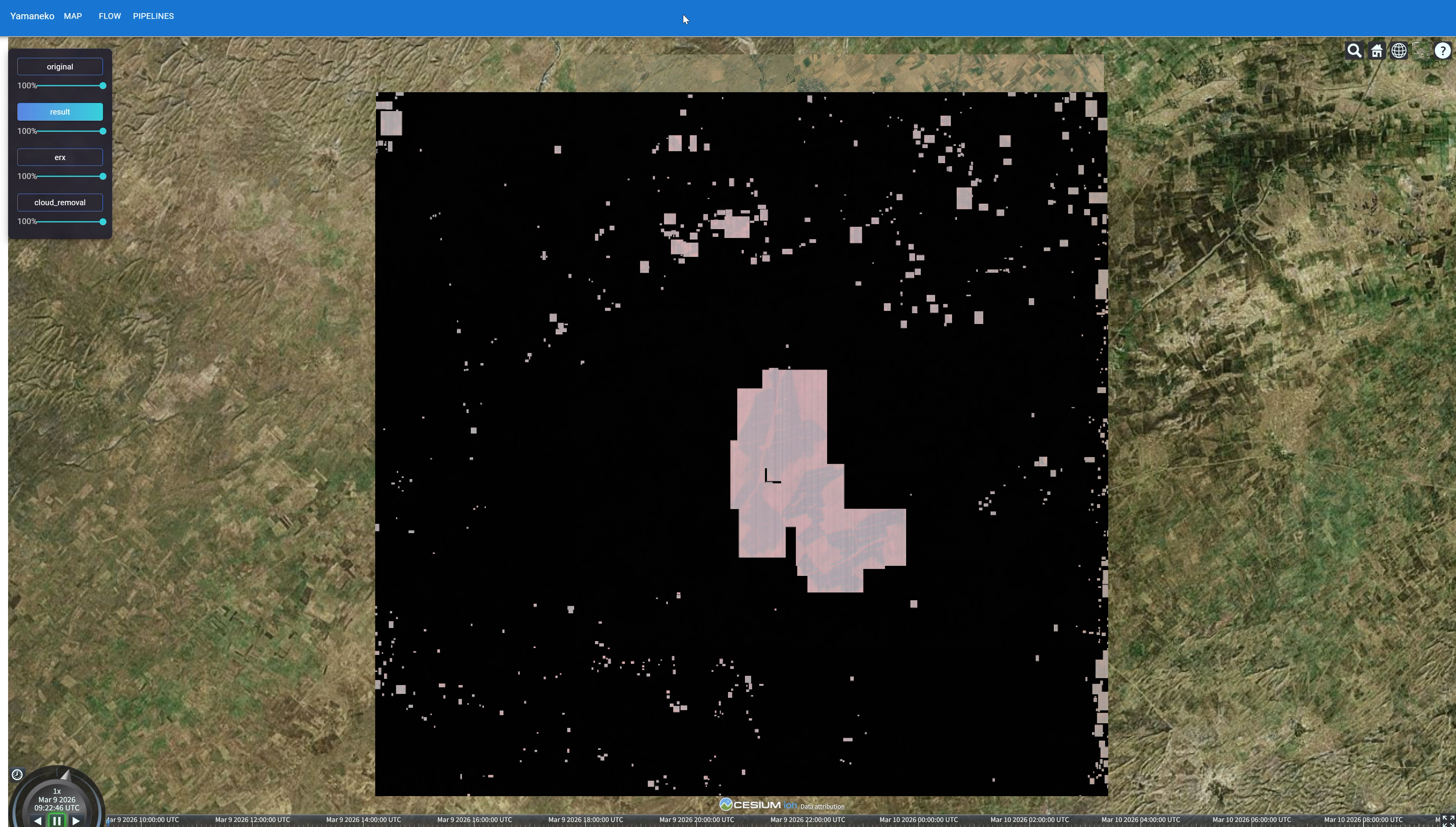 AI-processed result highlighting regions of interest (after data reduction): Example of applying AI processing to the same dataset, extracting only regions identified as significant or anomalous. Courtesy NTT. 

AI処理による重要領域抽出結果（データ削減後）: 同データに対してAI処理を適用し、重要または異常と判断された領域のみを抽出した例。（提供：NTT） 