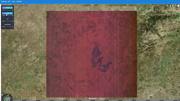 Hyperspectral data (pseudo-RGB visualization): Example of observation data (hyperspectral data) acquired onboard a satellite, visualized as a pseudo-RGB image. Courtesy NTT.
ハイパースペクトルデータ(疑似RGB画像): 衛星上で取得された観測データ(ハイパースペクトルデータ)の可視化例。(提供:NTT)