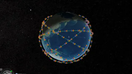 Inter-satellite communication links visualized in a distributed network architecture. Courtesy NTT.
分散ネットワークアーキテクチャにおける衛星間通信リンクの可視化。(提供:NTT)