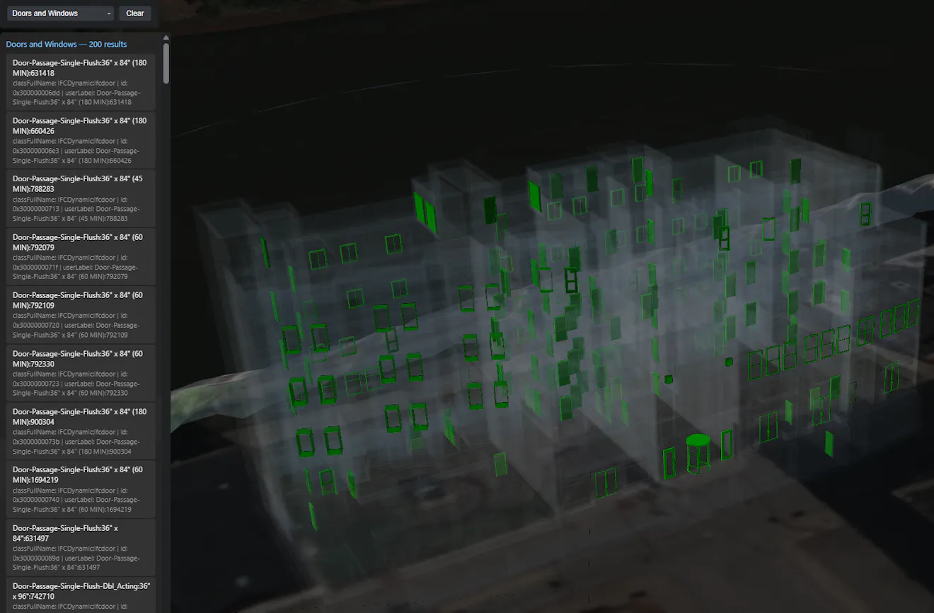 Screenshot of the completed element inspection app showing a query for Doors and Windows with matched elements highlighted green in the 3D view and a result panel on the left