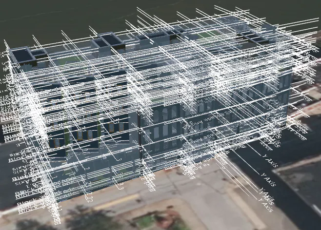 The building before 2D cleanup - wireframe view cluttered with horizontal grid lines at ground level