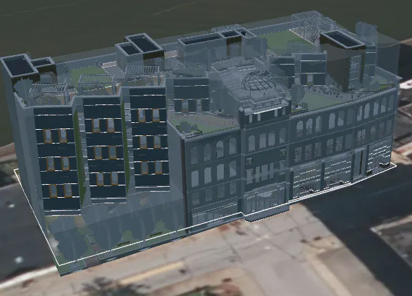 The building after 2D cleanup - the view is clearer with grid line elements hidden