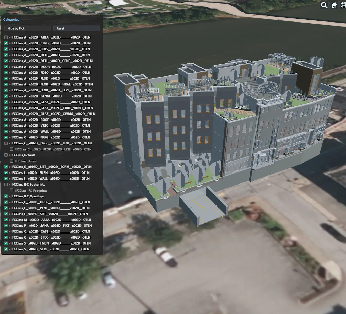 Screenshot of the completed category filtering app showing a 3D architectural model with the collapsible category panel open