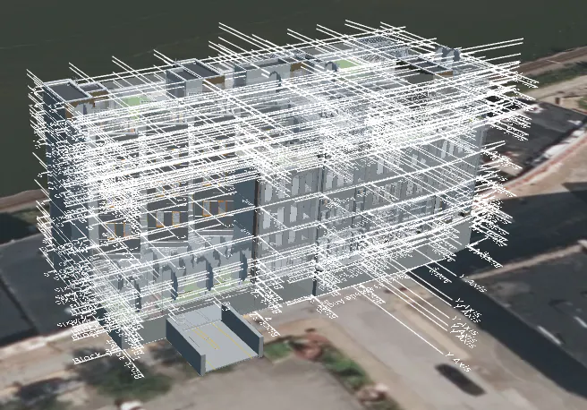 The Snowdon Towers model loaded as a white wireframe mesh