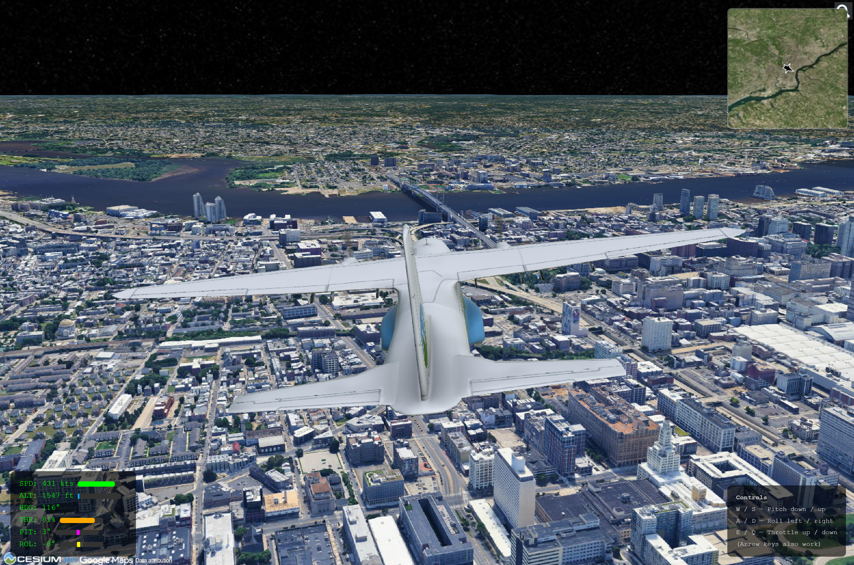 Plane in CesiumJS flight simulator built with AI