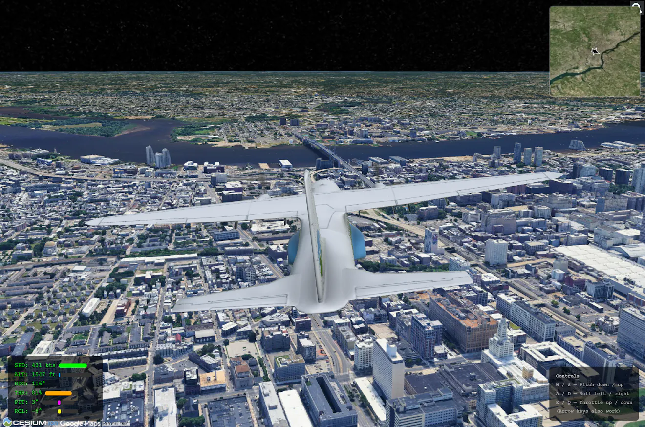 Plane in CesiumJS flight simulator built with AI