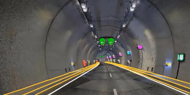 Road tunnel with vector data derived by iTwin Capture AI Analysis from mobile mapping LiDAR.