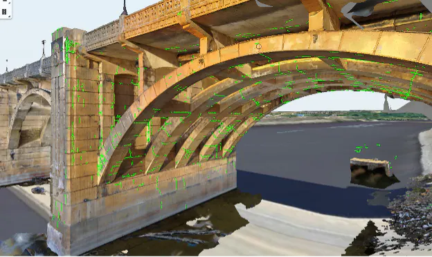 Green lines mark cracks detected on the Robert Street bridge, St. Paul, Minnesota. Data courtesy of Collins Engineers, Inc.