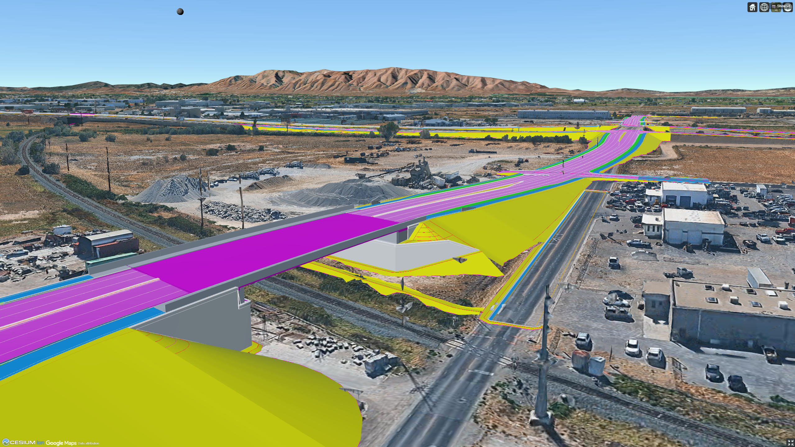 The Utah Department of Transportation (UDOT) is a leader in digital delivery workflows for massive, multi-phase projects like this overpass. 3D model provided as Bentley OpenRoads Designer (DGN) files and tiled with Cesium ion. Data courtesy of UDOT.