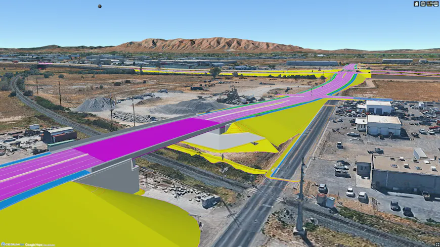 The Utah Department of Transportation (UDOT) is a leader in digital delivery workflows for massive, multi-phase projects like this overpass. 3D model provided as Bentley OpenRoads Designer (DGN) files and tiled with Cesium ion. Data courtesy of UDOT.