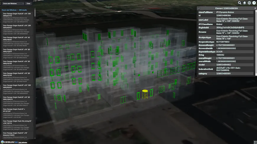 The completed element inspection app built with the Cesium ion Asset Elements API tutorial.  This screenshot shows a BIM/CAD building model with the CesiumJS view filtered and styled to display the results of a query for Doors and Windows. 3D model provided by Autodesk and tiled from the Revit source with Cesium ion.