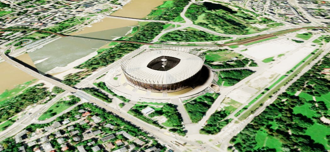 National Stadium, Warsaw, Poland. If the geolocation has been successful, you should see your model accurately positioned on the surface of the globe.