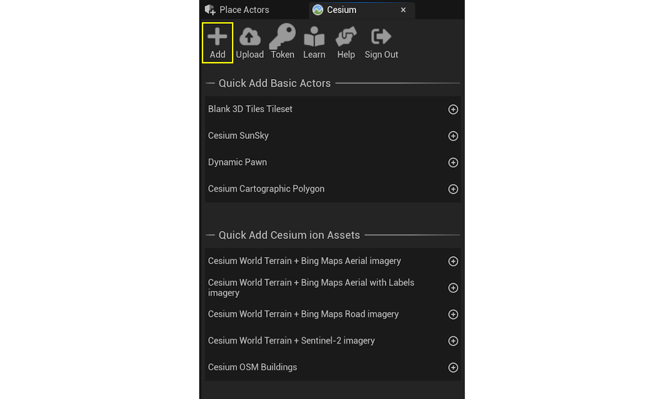 A screenshot of the Cesium panel, highlighting the Add button to open the Cesium ion Assets panel.