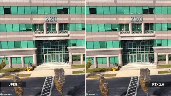 Visual comparison between 3D Tiles 1.1 tilesets using JPEG (Left) and KTX 2.0 (Right). Visual quality is preserved when using KTX 2.0 compression. AGI HQ.