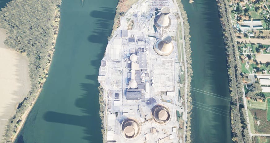 Aerial view of Three Mile Island Nuclear Generating Station in 2019 depicted in game TMI: America's Chernobyl. 