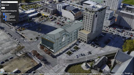 I3S Building Scene Layer dataset from Esri visualized with Google Photorealistic 3D Tiles in CesiumJS.