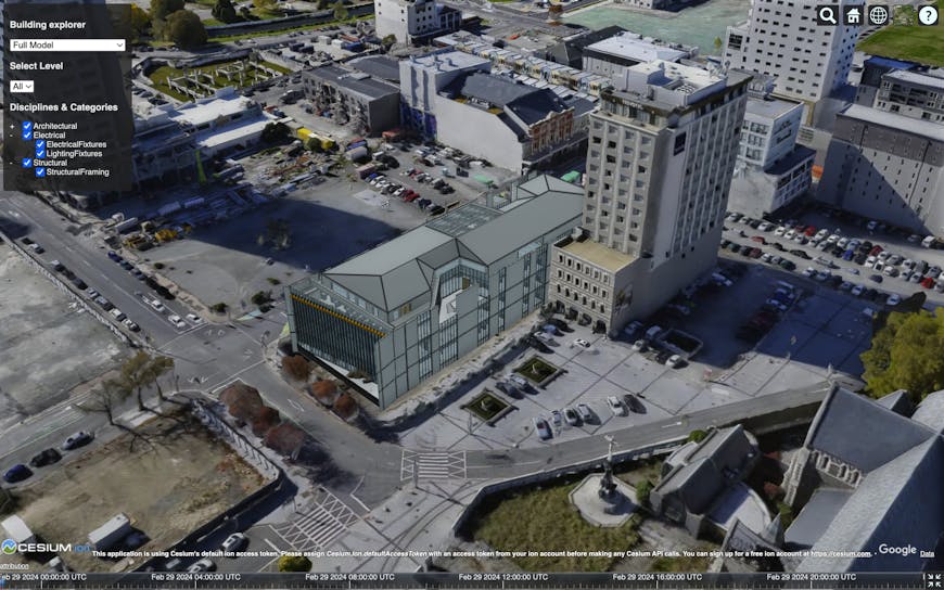 I3S Building Scene Layer dataset from Esri visualized with Google Photorealistic 3D Tiles in CesiumJS.