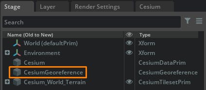 Cesium for Omniverse/CityEngine tutorial: From the stage, select the CesiumGeoreference prim to display its properties in the Property window.