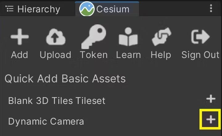 Using the Cesium panel, add a Dynamic Camera to your scene.