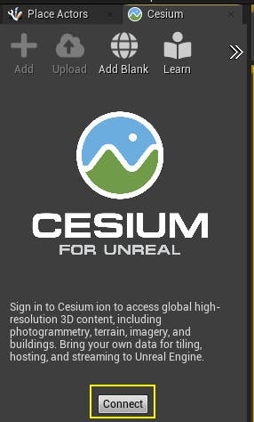 A screenshot of the Cesium for Unreal panel in Unreal Engine