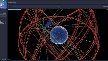 Cesium 3D view of a Sedaro Satellite scenario with digital twins of the entire GPS constellation. The simulation shows red and green orbit tracks around a globe on a dark background.