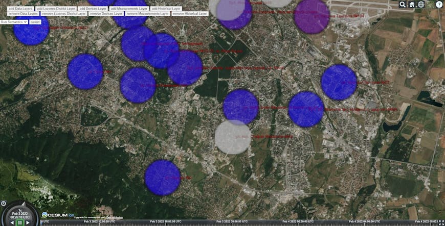Colored circles indicating air quality readings from various sensors in Sofia