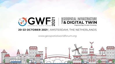 illustrated skyline of Amsterdam with words above: Geospatial World Forum 2021, October 20-22, 2021 Amsterdam, The Netherlands.