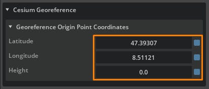 Cesium for Omniverse/CityEngine tutorial: In the Property window, enter the latitude and longitude obtained from EPSG.io. For now, enter the height value as 0.0. A more accurate height will be calculated later.