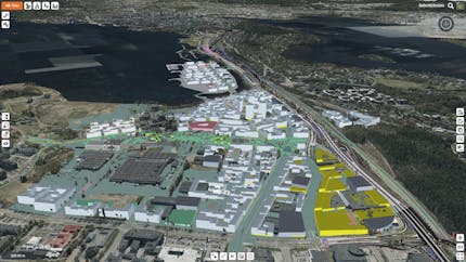 3D model of development showing buildings, roads, and vegetation.