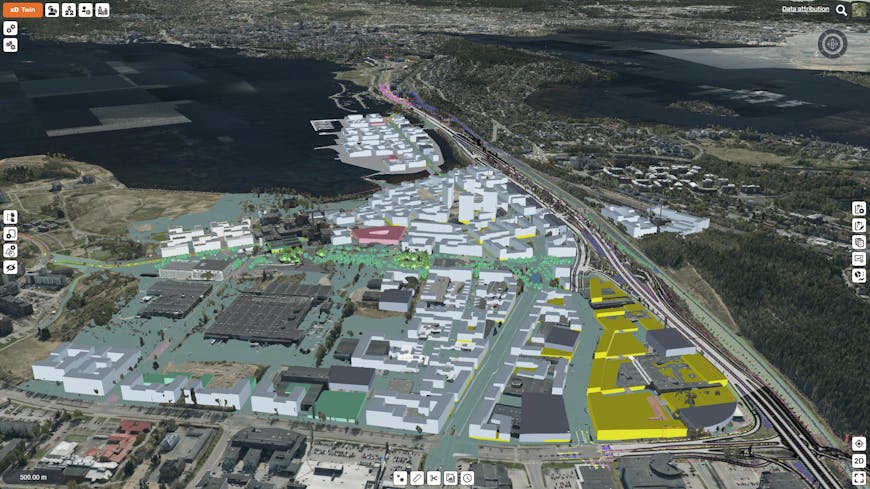 3D model of development showing buildings, roads, and vegetation.