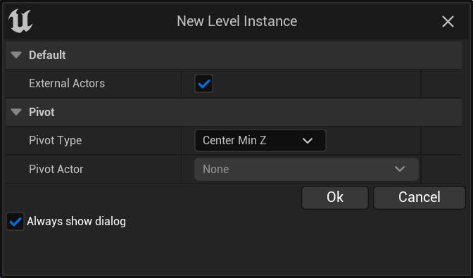 A screenshot of the New Level Instance panel that appears when creating a new level instance from existing objects.