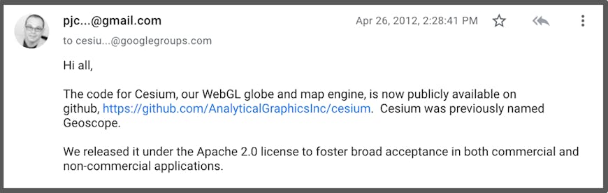 2012 forum post announcing open source release of CesiumJS