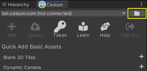 A screenshot of the Cesium panel with the button to browse the Cesium ion servers highlighted.