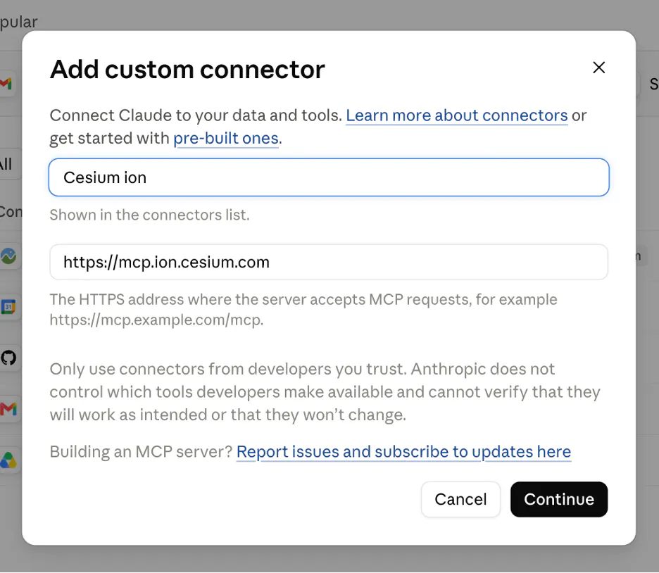 Dialog to add a connector to Claude desktop