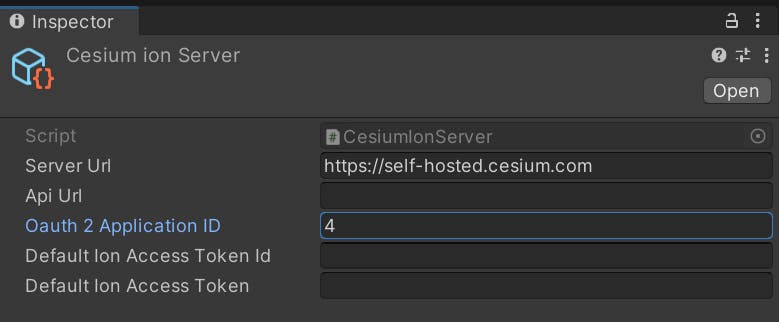 A screenshot showing the Cesium ion Server asset settings configured for a self-hosted server.