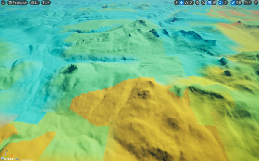 WMTS layer draped over Cesium World Terrain in Cesium for Unreal. This WMTS is from Geoscience Australia: Sediment-Hosted Copper Mineral Potential Map (Model 1). In this screenshot, the camera is located in a mountainous part of Tasmania, Australia. 