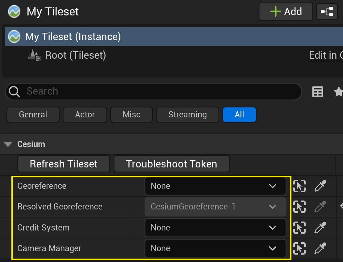 Cesium for Unreal tutorial: Upgrade to 2.0 Guide. Empty Georeference and Credit System references in the 3D Tileset Details.