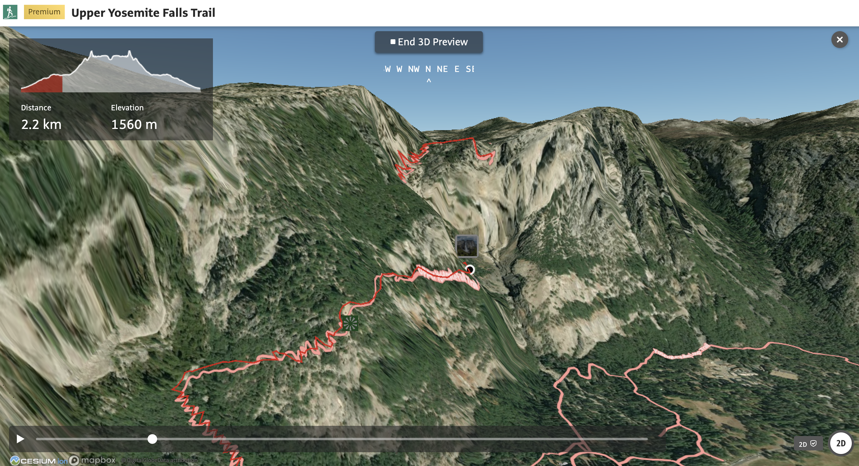 Trail at Yosemite, California, from Outdooractive shown in CesiumJS
