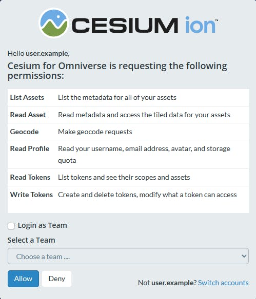 Cesium for Omniverse tutorial: Once you are logged in, you'll see a prompt asking you to allow Cesium for Omniverse to access your assets. Select Allow, and then return to Omniverse USD Composer to continue.