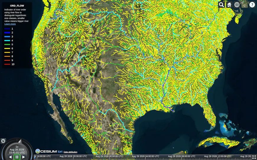 Global river flows dataset from HydroRIVER. Showing north American view with fine LODs